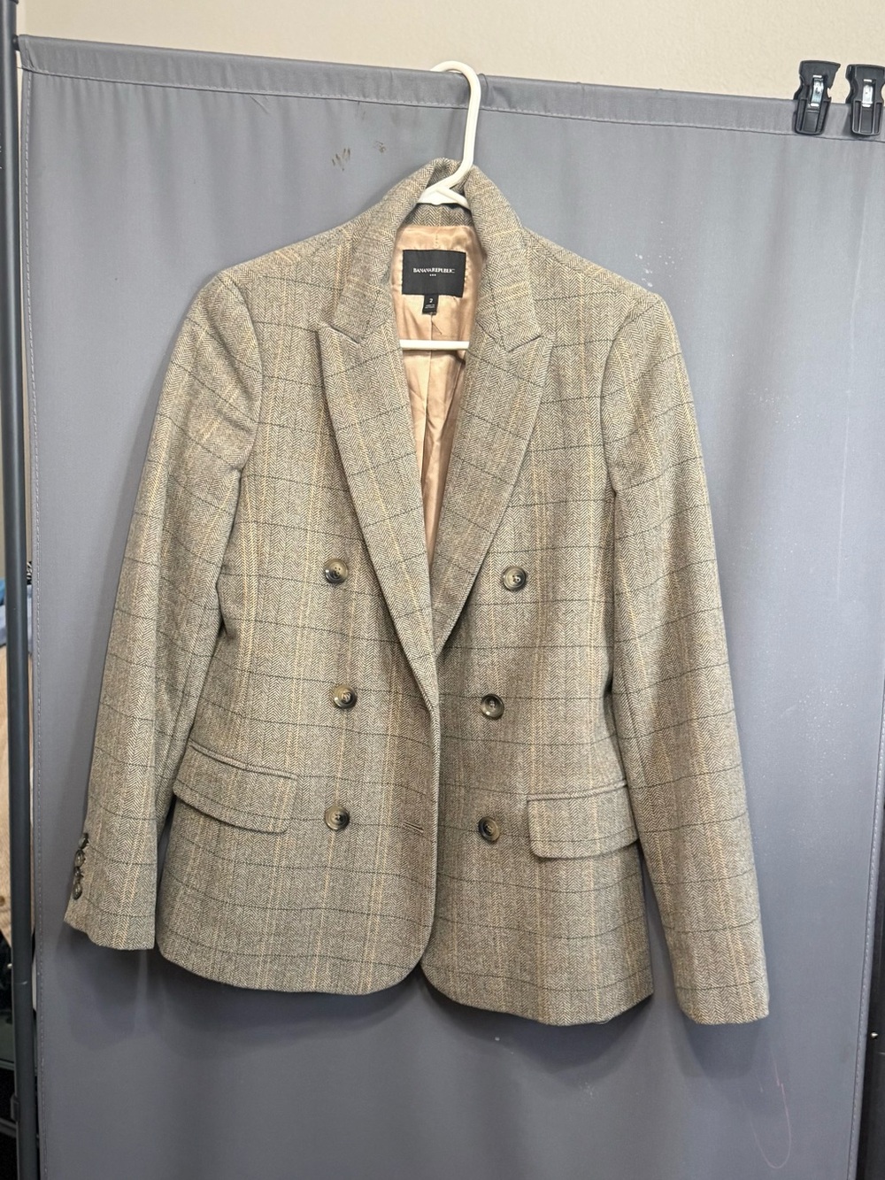 Banana Republic Beige Plaid Double-Breasted Blazer
